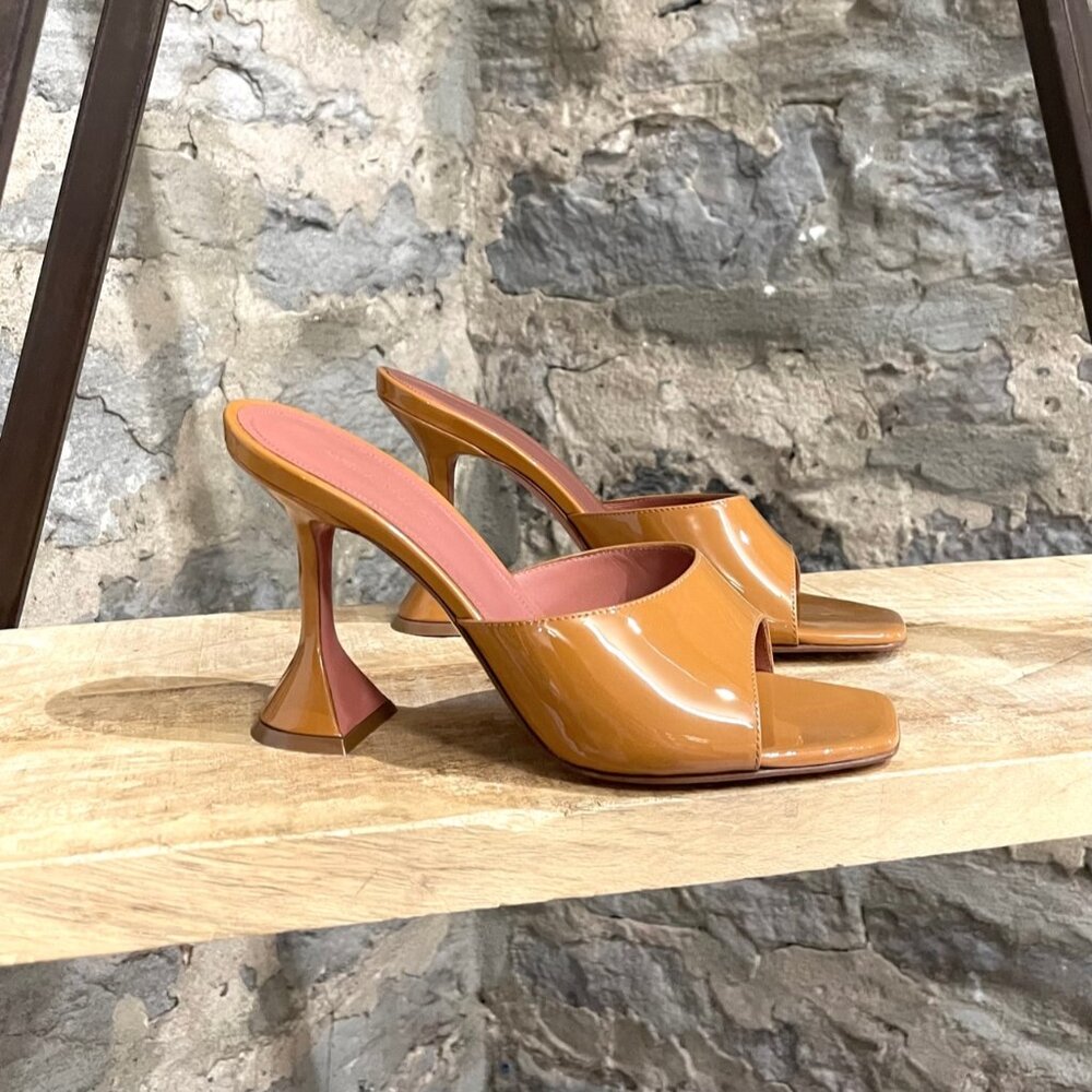 Amina Muaddi Caramel Patent Lupita Slipper Sandals